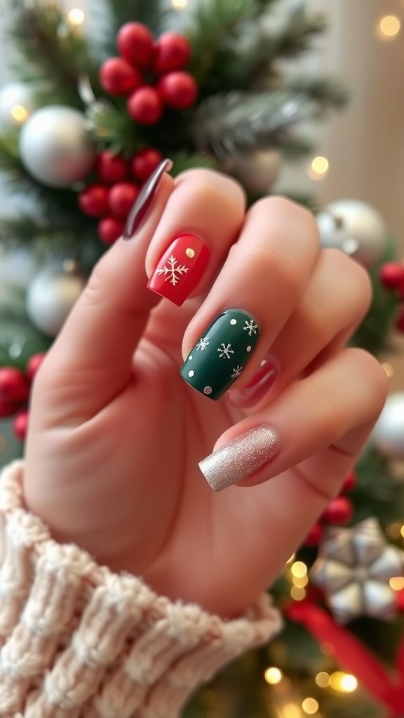 Elegant Christmas Nail Designs for Women Over 40 Elegant Christmas nail designs in red, green, and nude with festive patterns.